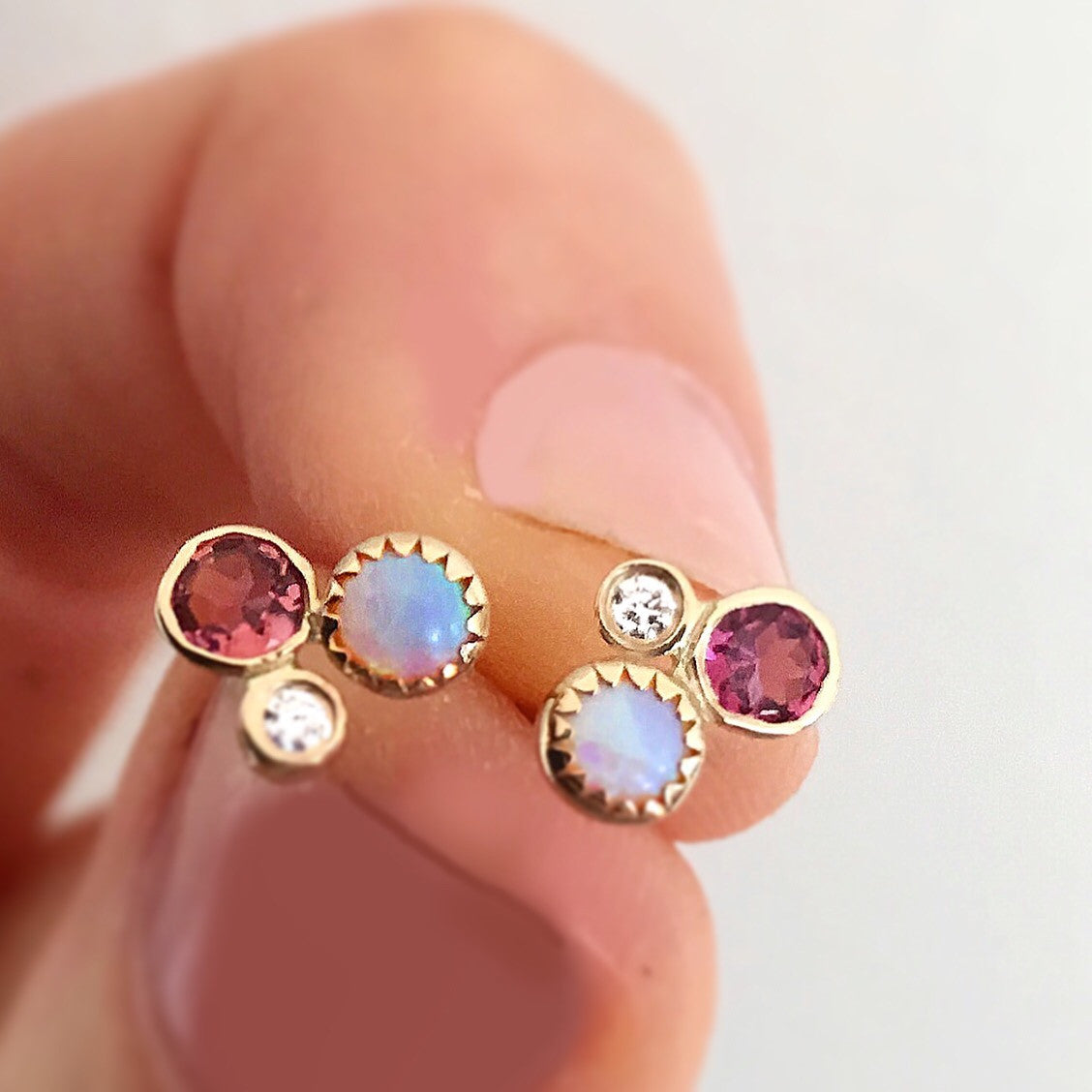 14Kt Gold Opal, Diamond & Pink Tourmaline Cluster Studs
