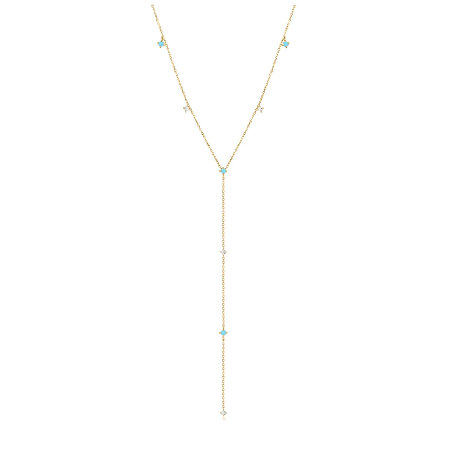 Solid Gold Turquoise & Topaz Whispers Lariat