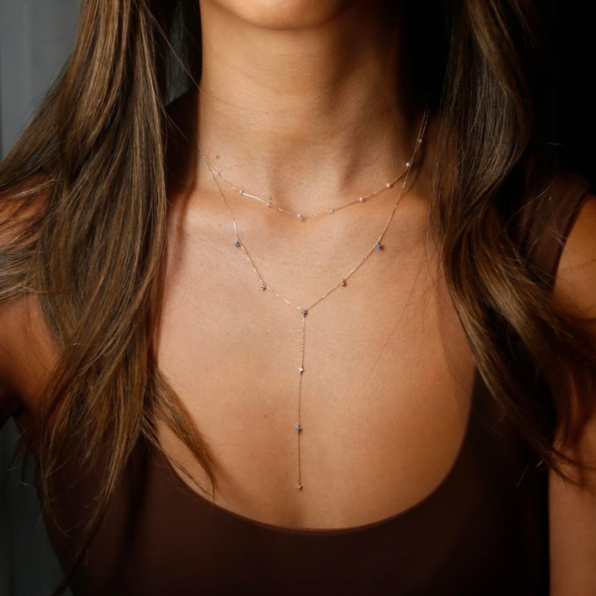 Solid Gold Turquoise & Topaz Whispers Lariat