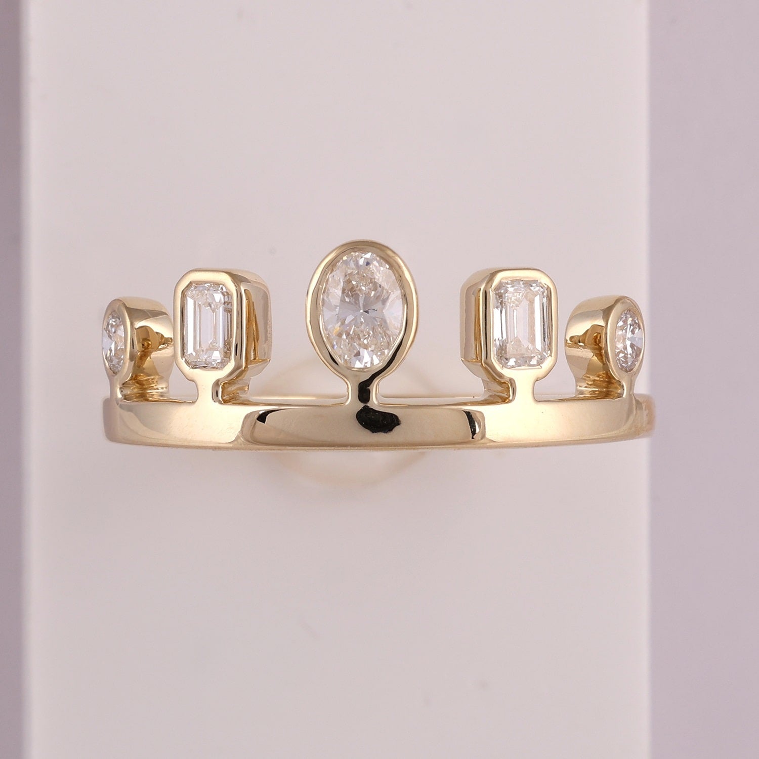 14Kt Yellow Gold Crown-Style Ring With Oval, Emerald & Round Cut Diamonds