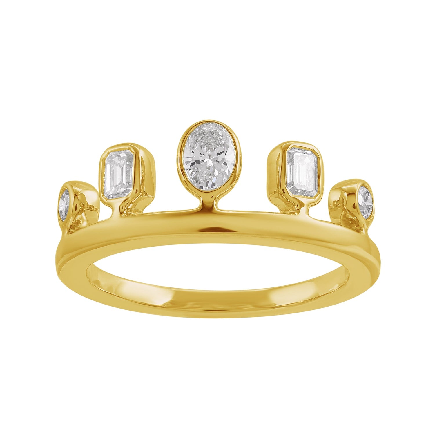 14Kt Yellow Gold Crown-Style Ring With Oval, Emerald & Round Cut Diamonds