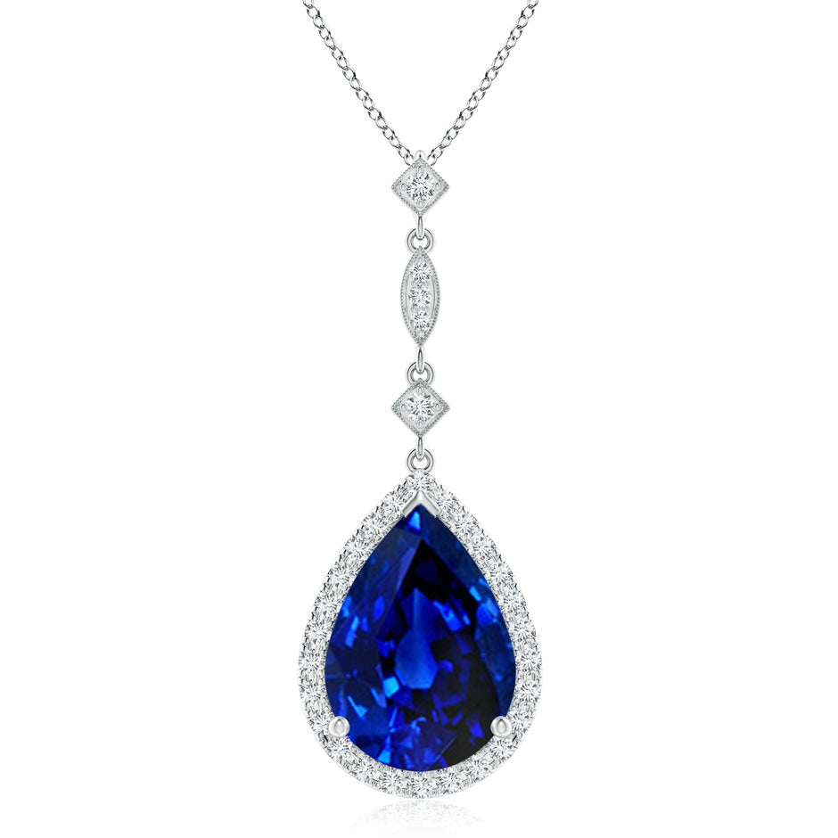 Prong-Set Lab-Grown Blue Sapphire Teardrop Halo Pendant with Diamond Accents