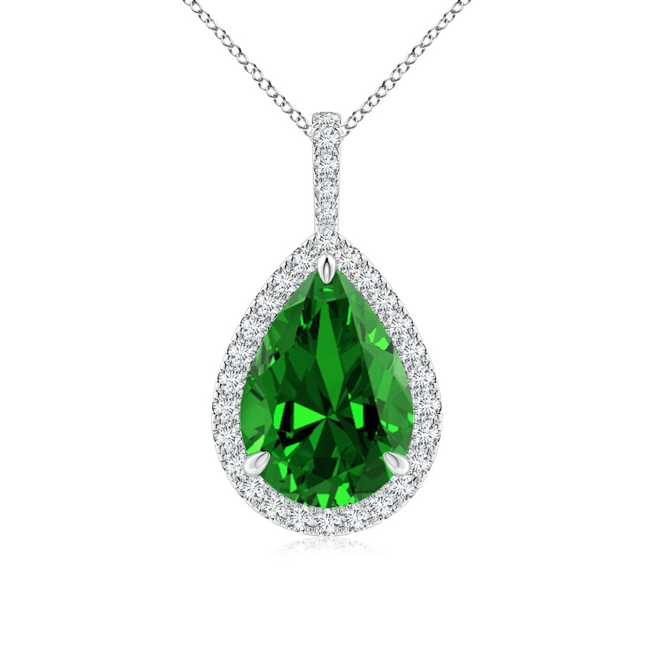 Lab-Grown Emerald Teardrop Pendant with Diamond Halo