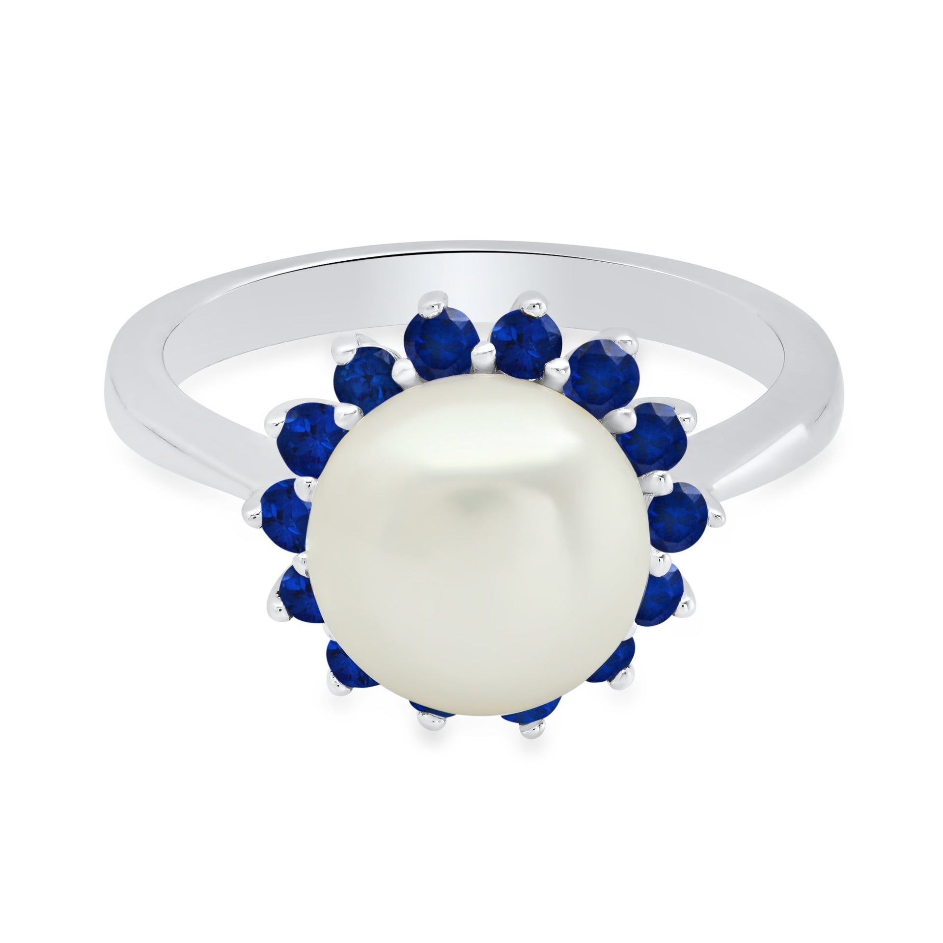 Sterling Silver 9MM Cultured Pearl and Created Blue Sapphire Ring Size 7