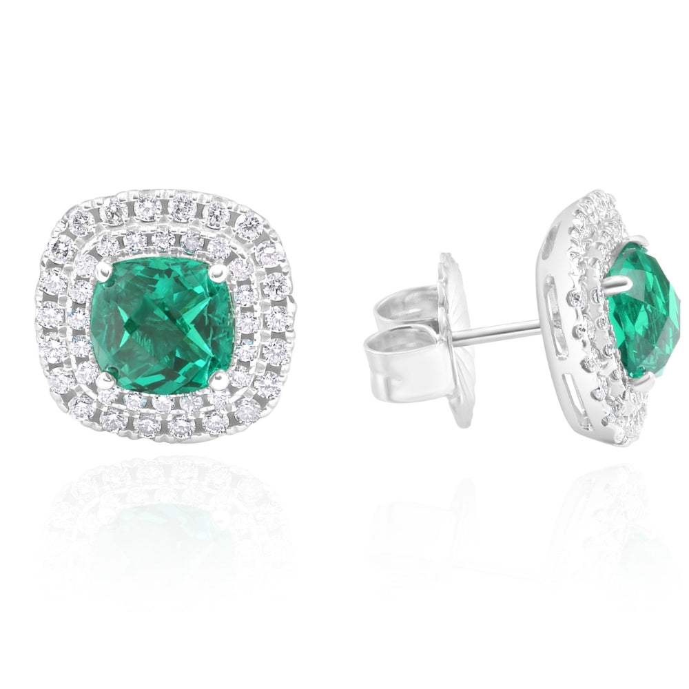 4Ct Emerald & Lab Grown Diamond Cushion Halo Studs 14k White Gold