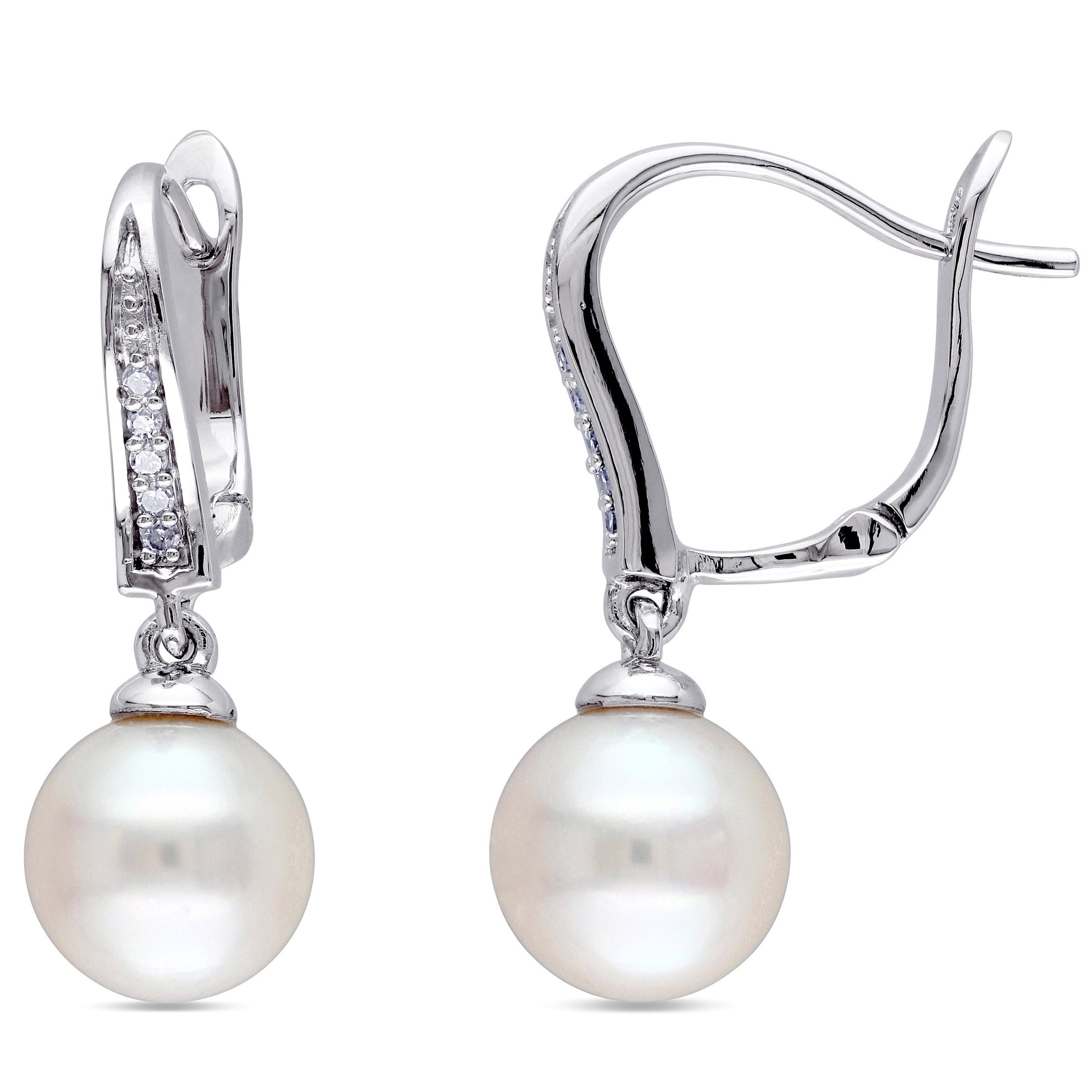 8-8.5mm White Cultured Freshwater Pearl and Diamond Drop Leverback Earrings in Sterling Silver