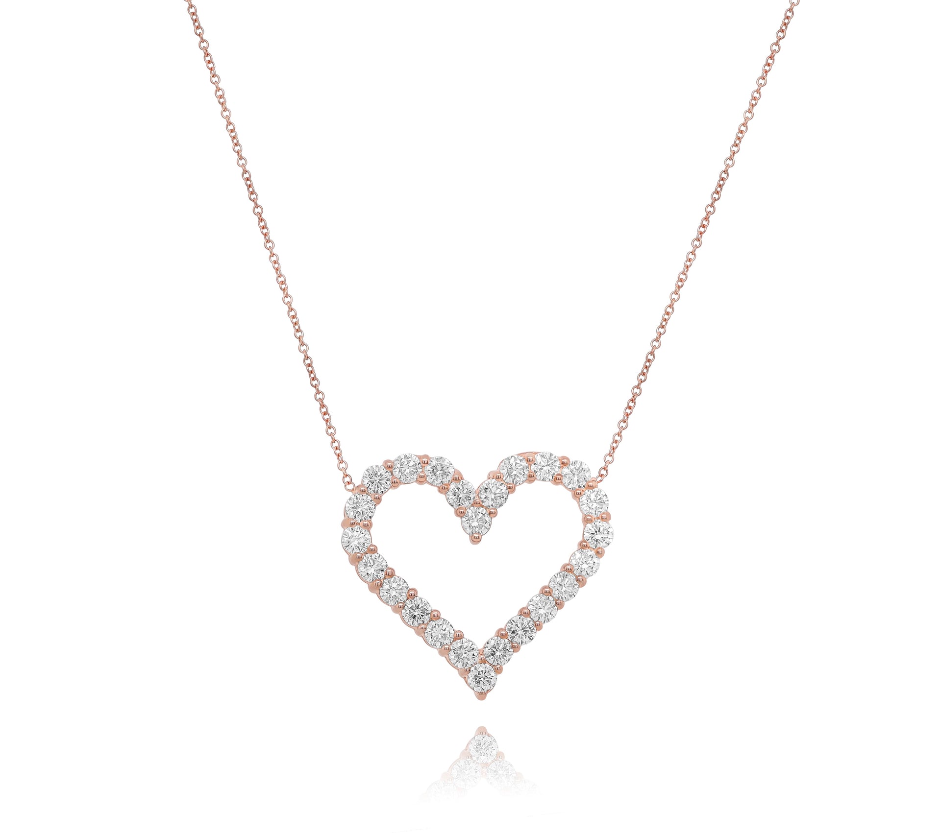 18kt rose gold open heart pendant featuring 2.40 cts of round diamonds, 24 stones
