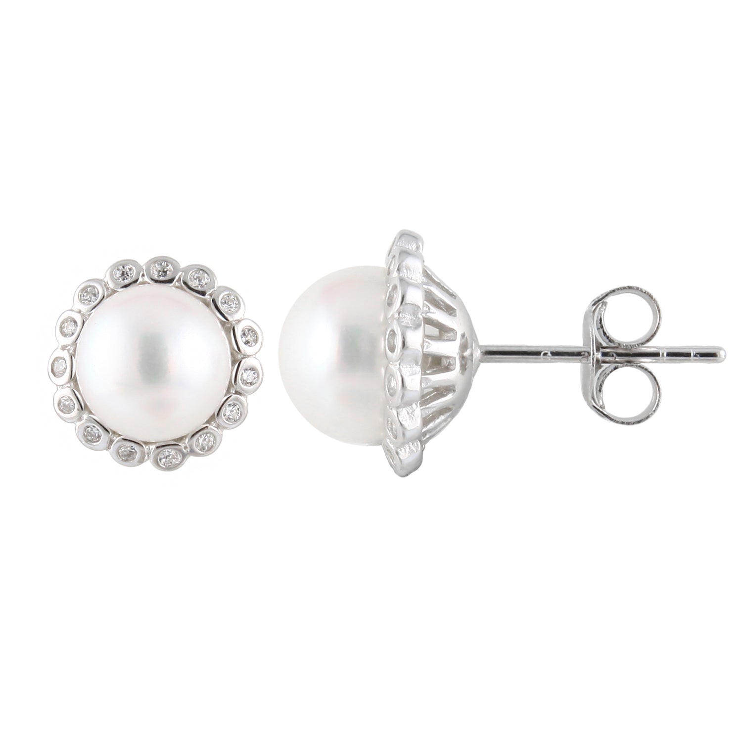 Sterling Silver Halo 7-7.5mm Freshwater Pearl Studs