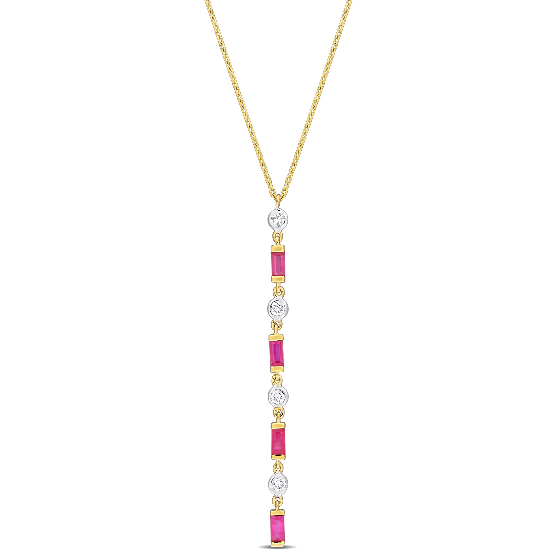 Mimi & Max 1/5ct TDW Diamond & 1/6 TGW Baguette Cut Ruby Lariat Necklace in 10k Yellow Gold- 16.5 in