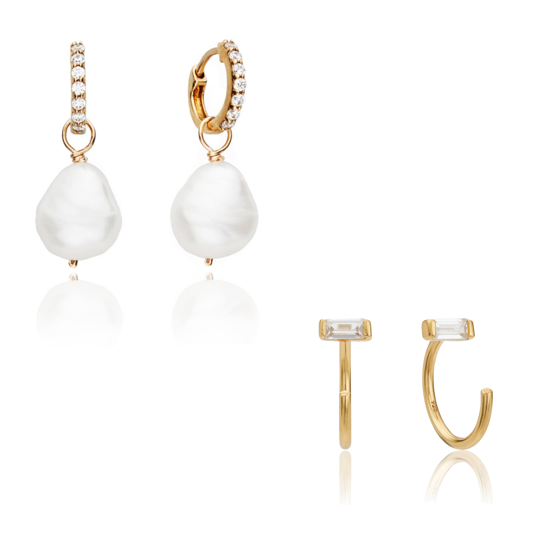 Gold Pearl Drop Huggies and Diamond Style Lobe Earrings Gift Set