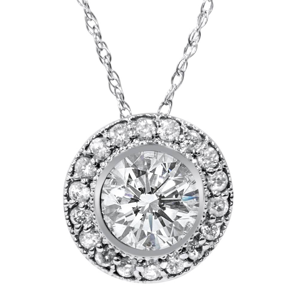 1ct Vintage Diamond Solitaire Halo Pendant 14K White Gold