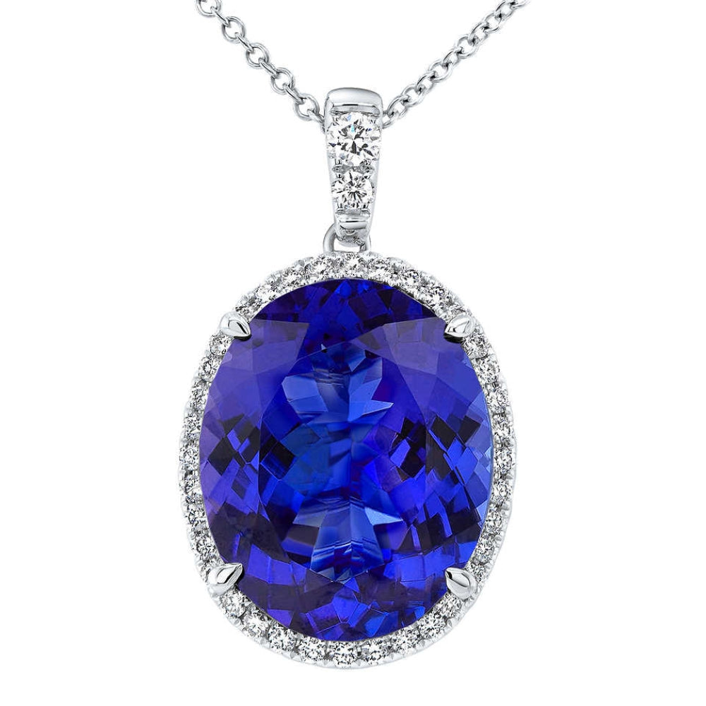 5 CT TW Oval Tanzanite & Lab Grown Diamond Halo Pendant 14k White Gold Necklace