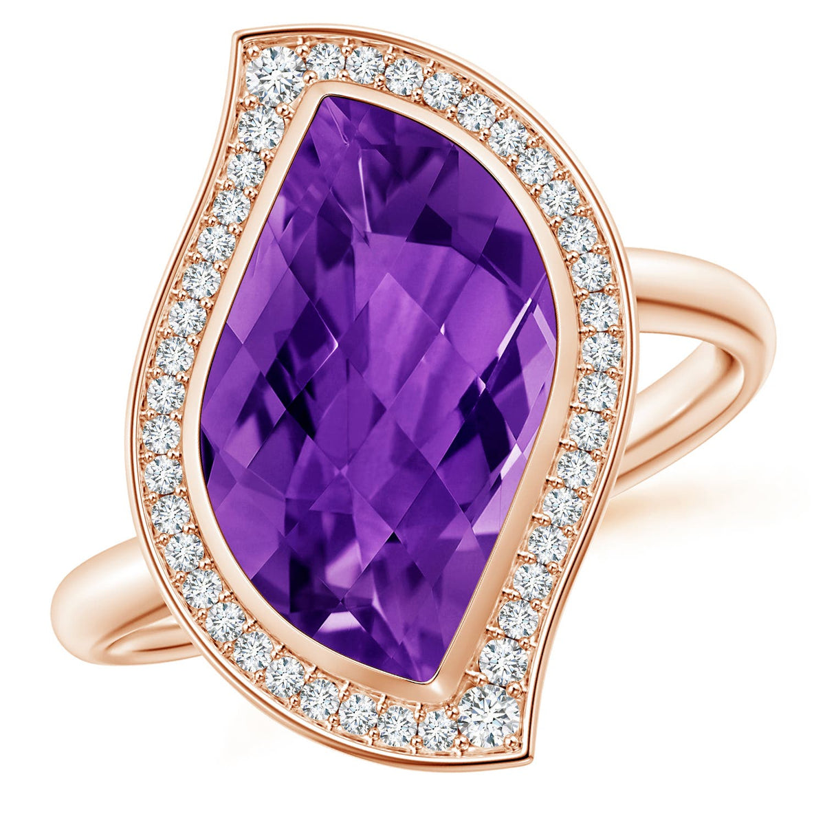 5.69 CTW North-South Leaf-Shaped Amethyst Halo Ring in 14K Rose Gold