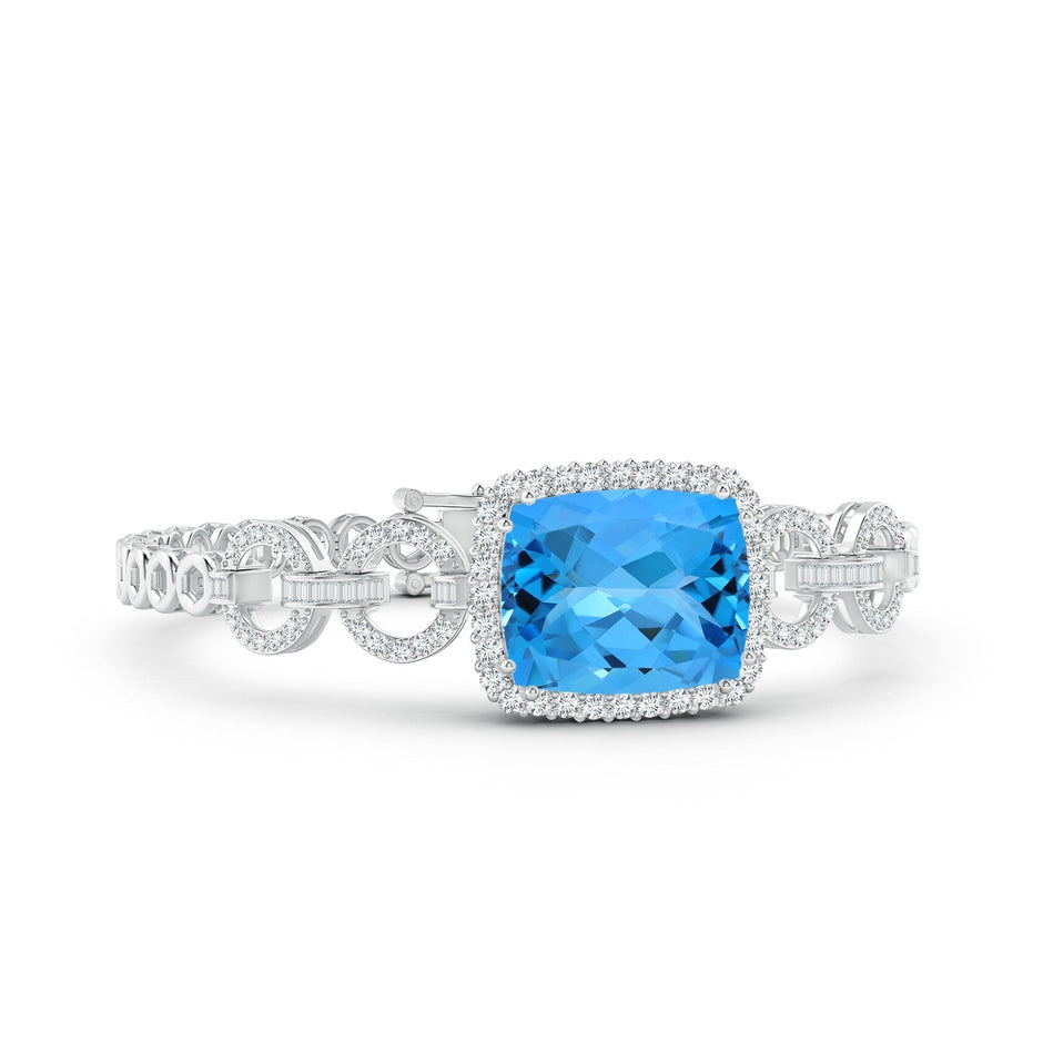 GIA Certified Rectangular Cushion Swiss Blue Topaz Multi-Link Bracelet With Halo