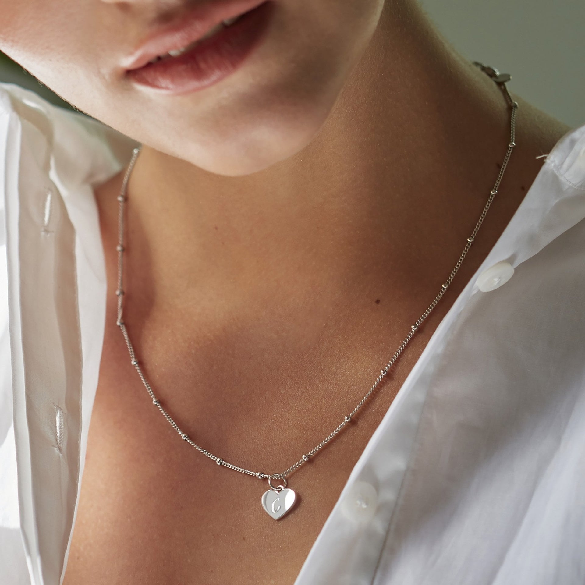 Heart Necklace In Silver With Bead Chain