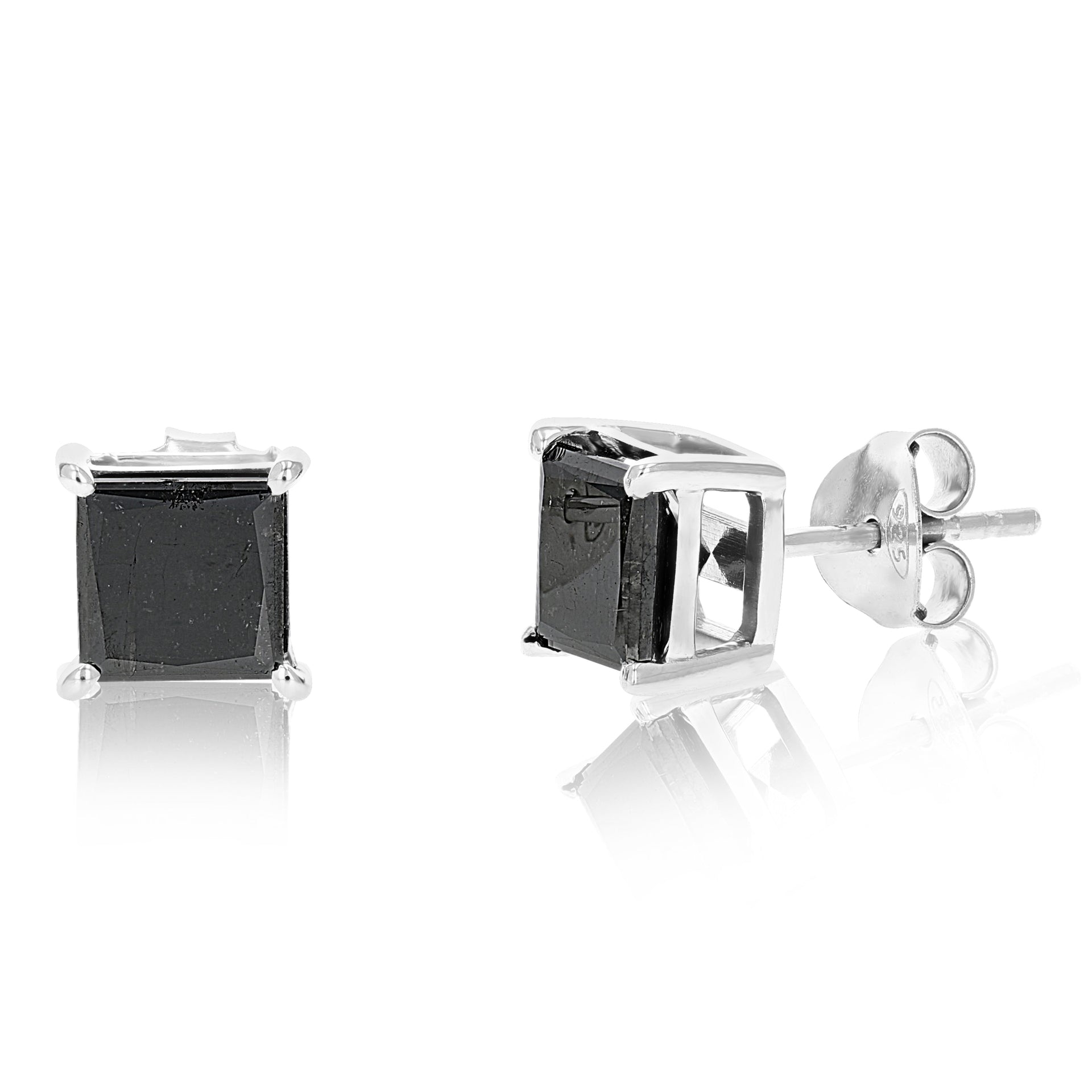 3 cttw Princess Cut Black Diamond Stud Earrings .925 Sterling Silver Prong Set
