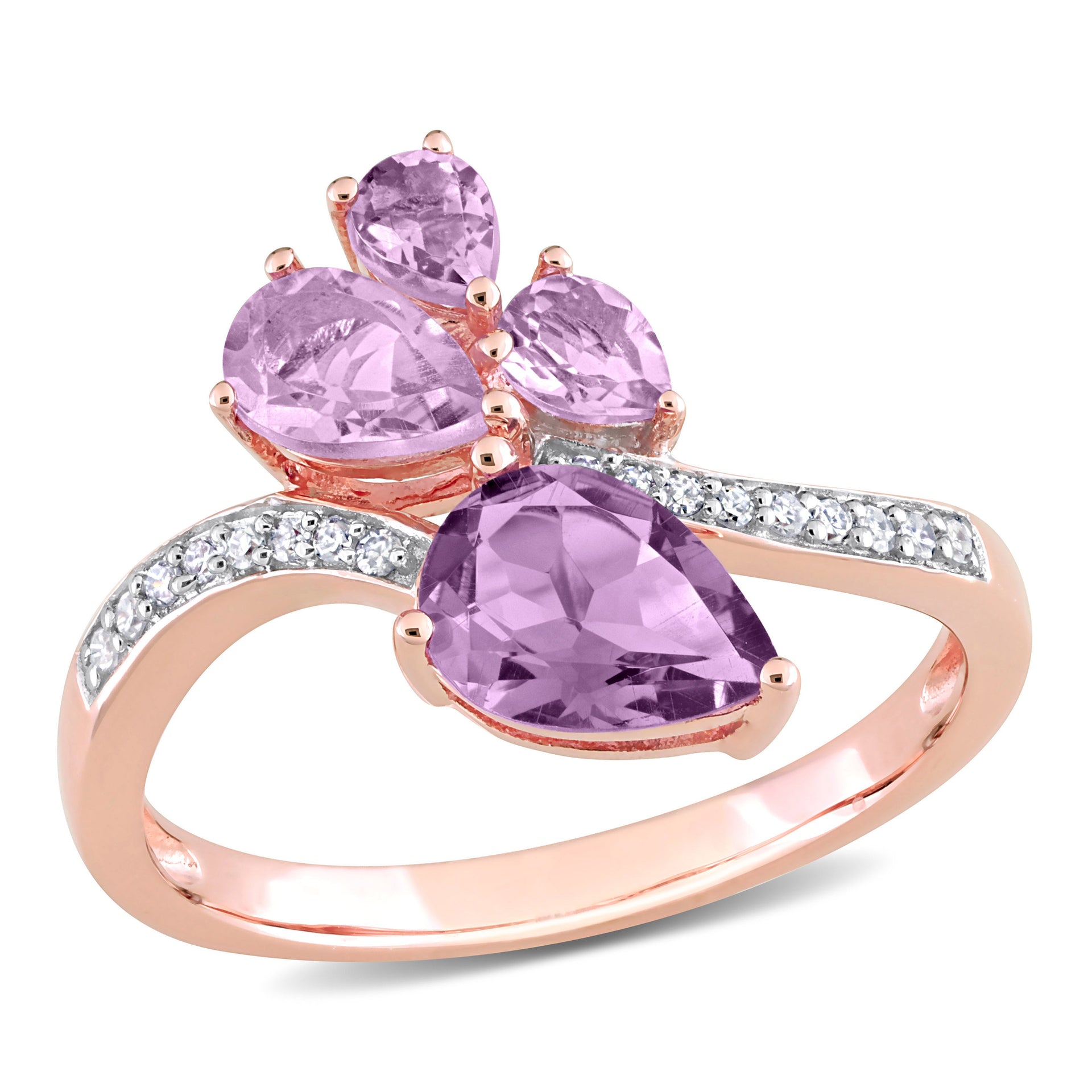 Mimi & Max Womens 1 3/5ct TGW Pear-Shape Amethyst and Rose de France and 1/10ct TDW Diamond Toi et Moi Ring in 14k Rose Gold