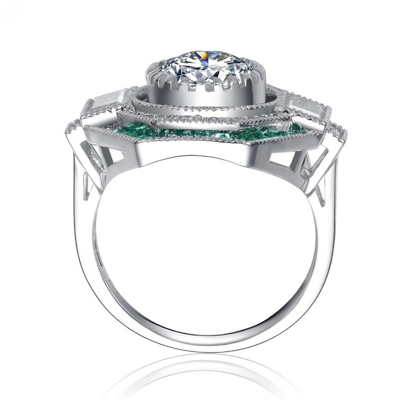 Sterling Silver White Gold Plated with Baguette and Round Cubic Zirconia Modern Ring