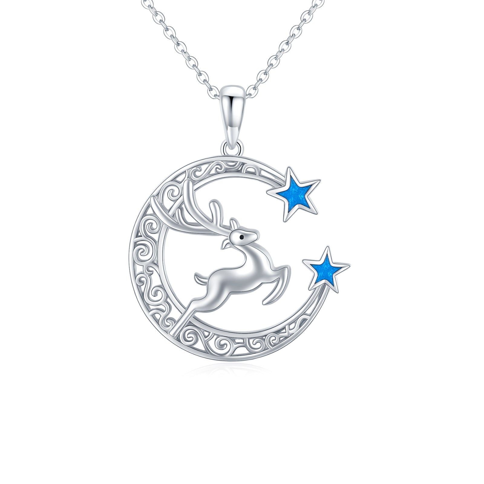 Sterling Silver Elk & Moon & Star Pendant Necklace