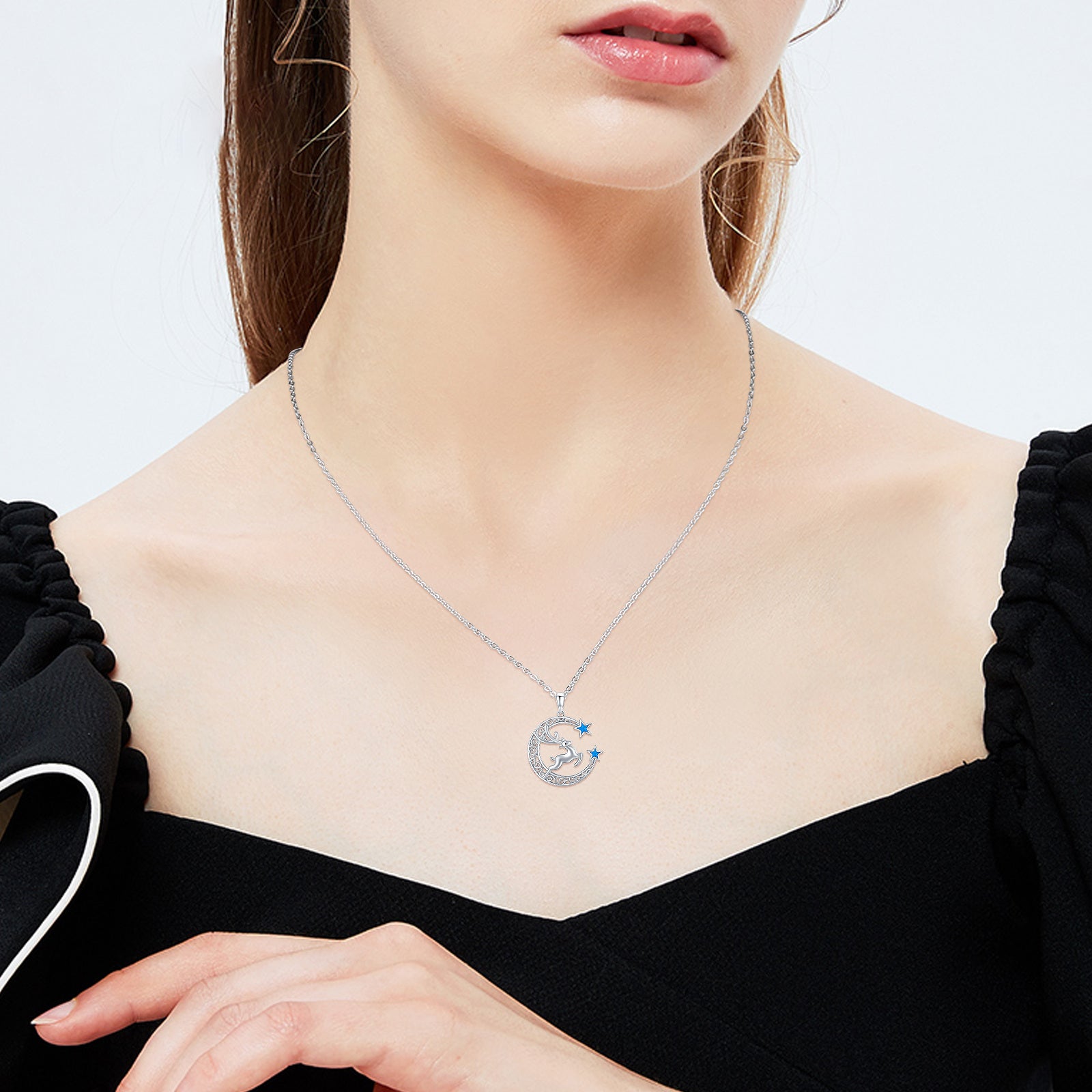 Sterling Silver Elk & Moon & Star Pendant Necklace