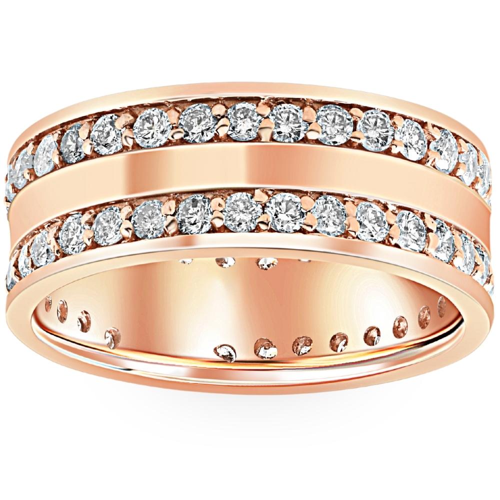 1 1/2 CT Double Row Diamond Eternity Wedding Ring 14K Rose Gold Double Row Band