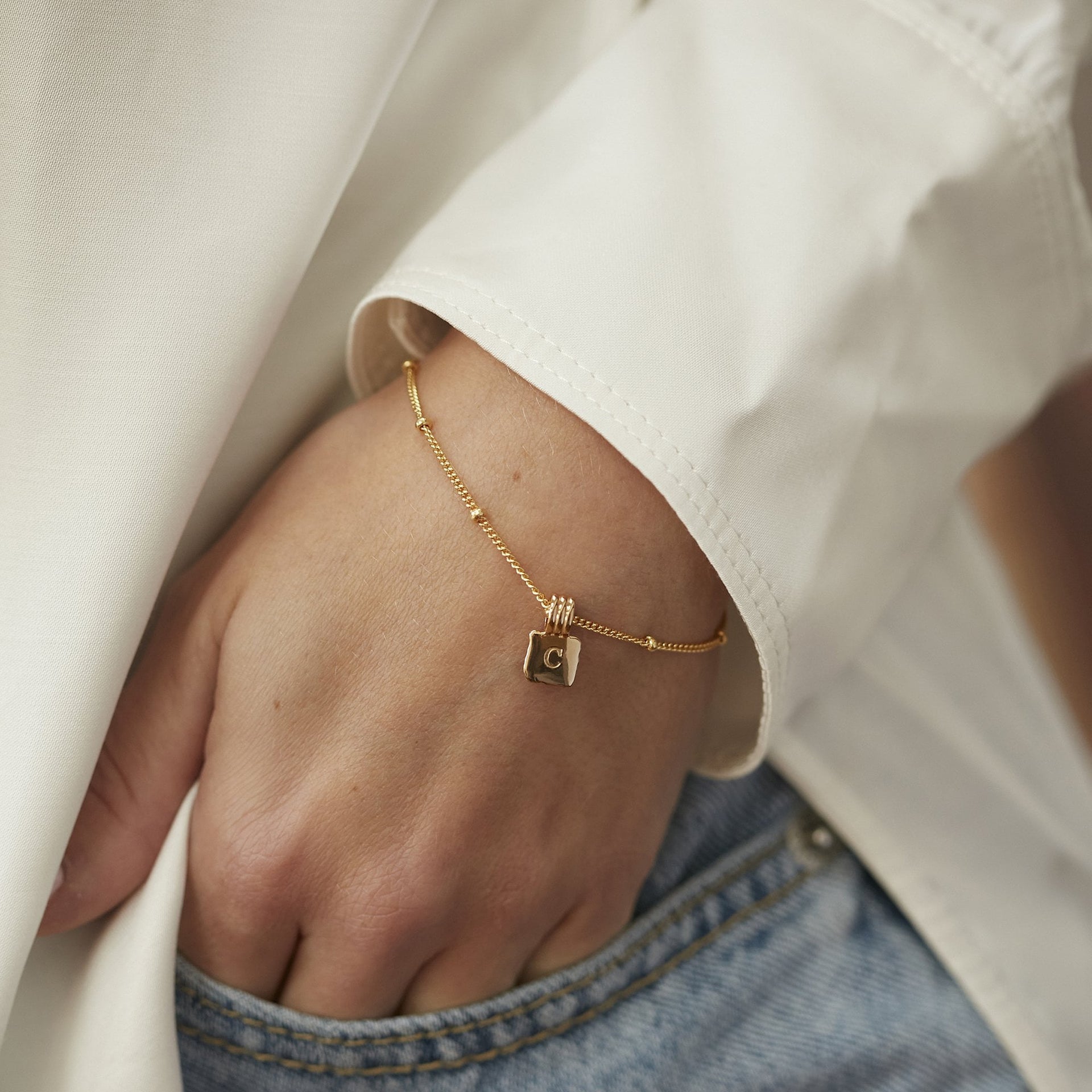 Initial Square Charm Bracelet Silver