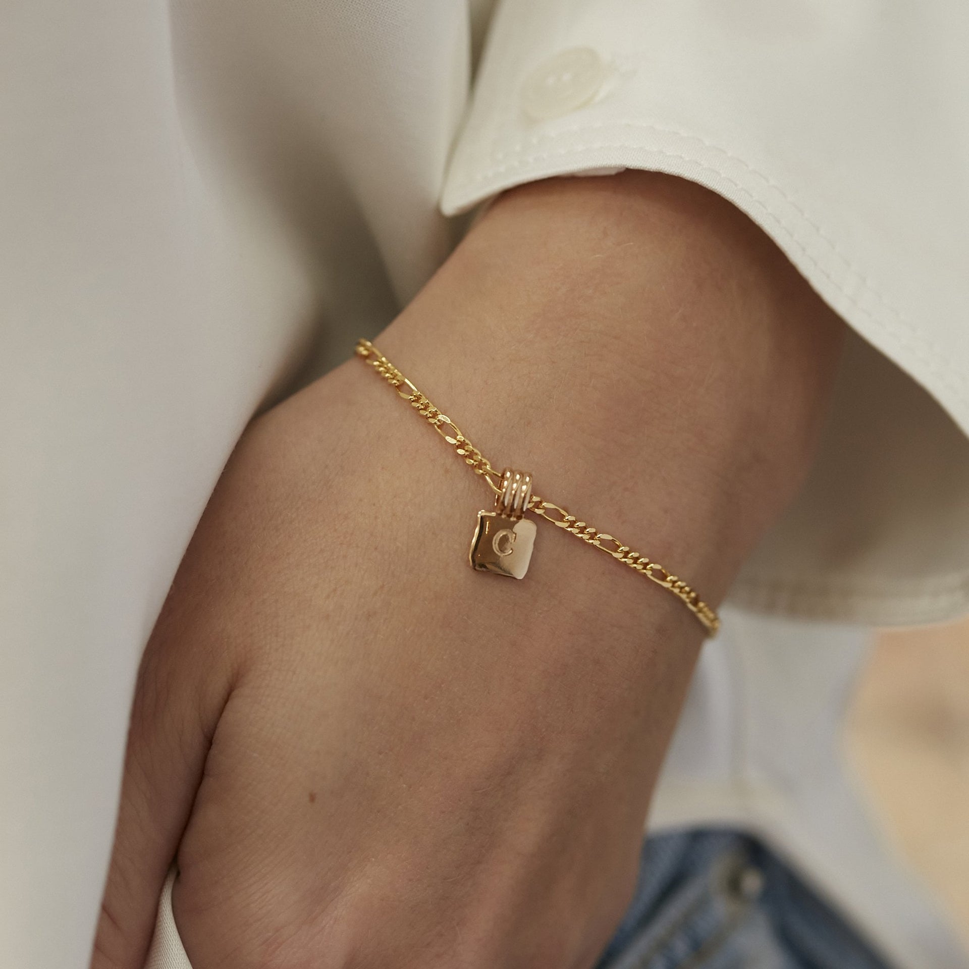 Initial Square Charm Figaro Chain Bracelet Silver