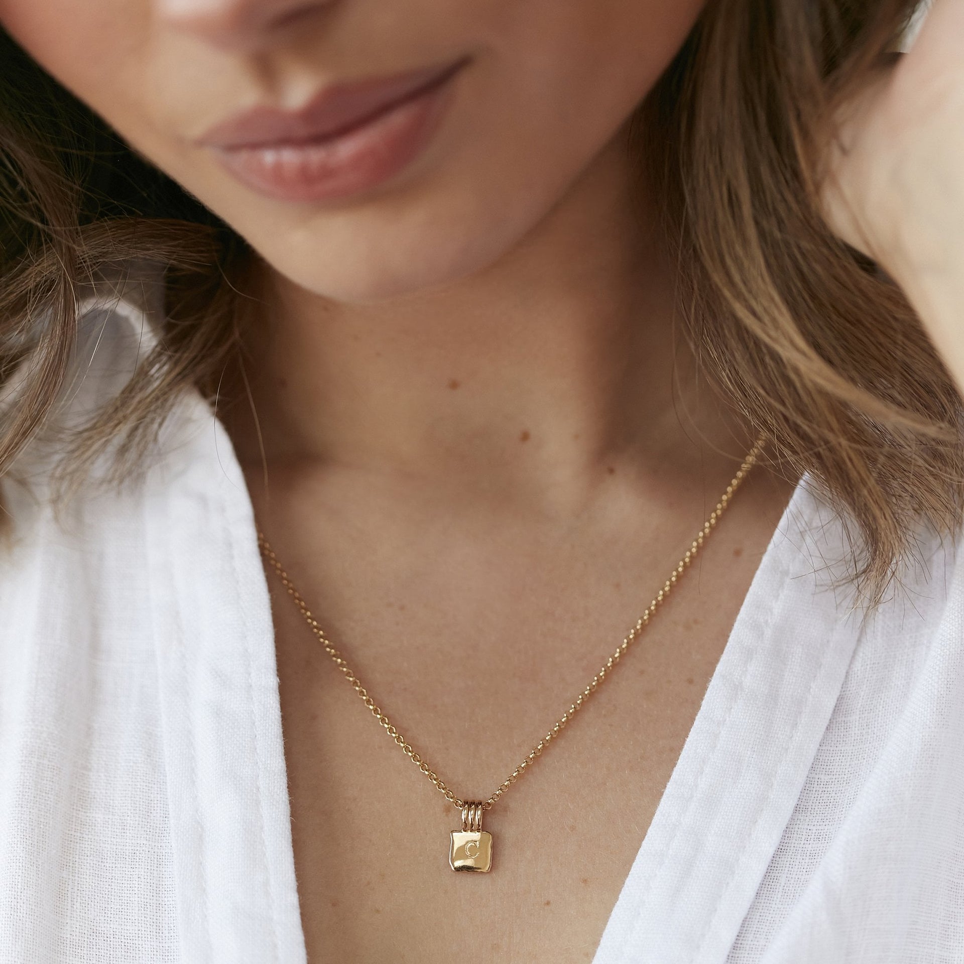 Mini Initial Square Charm Necklace Silver