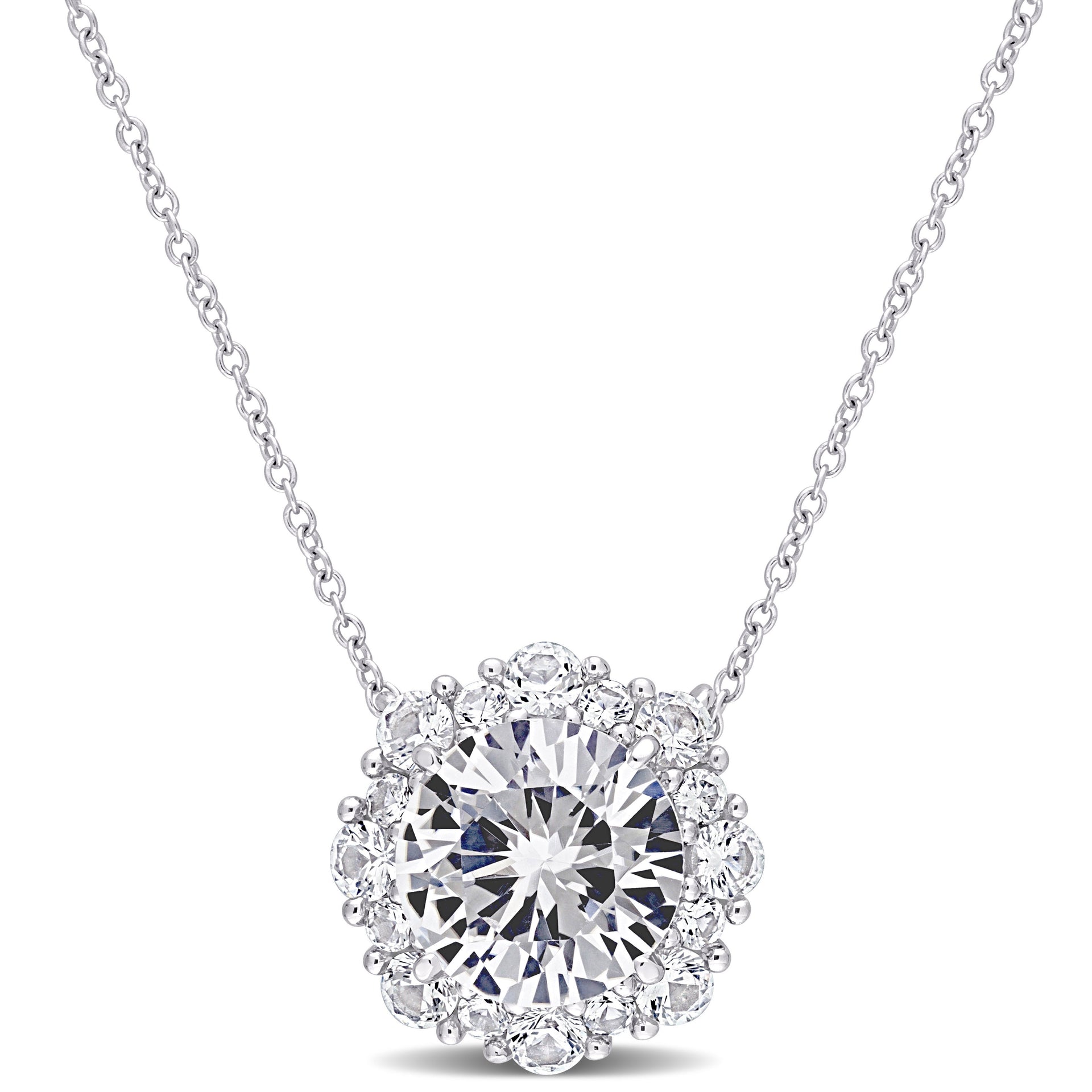 4 3/8 CT TGW Created White Sapphire Halo Pendant with Chain in 10k White Gold