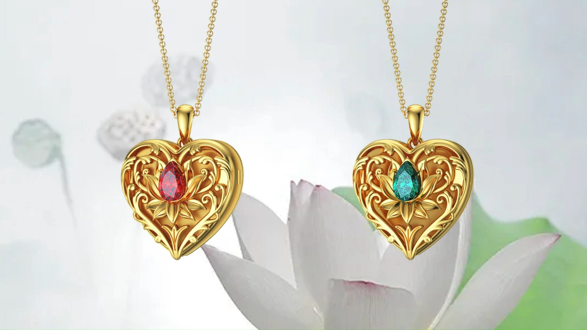 10K Gold Crystal Lotus Heart Necklace For Women