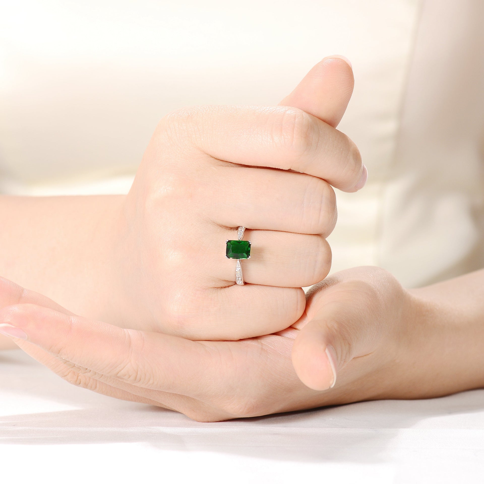 Sterling Silver with Emerald & Diamond Cubic Zirconia Emerald Cut French Pave Ring