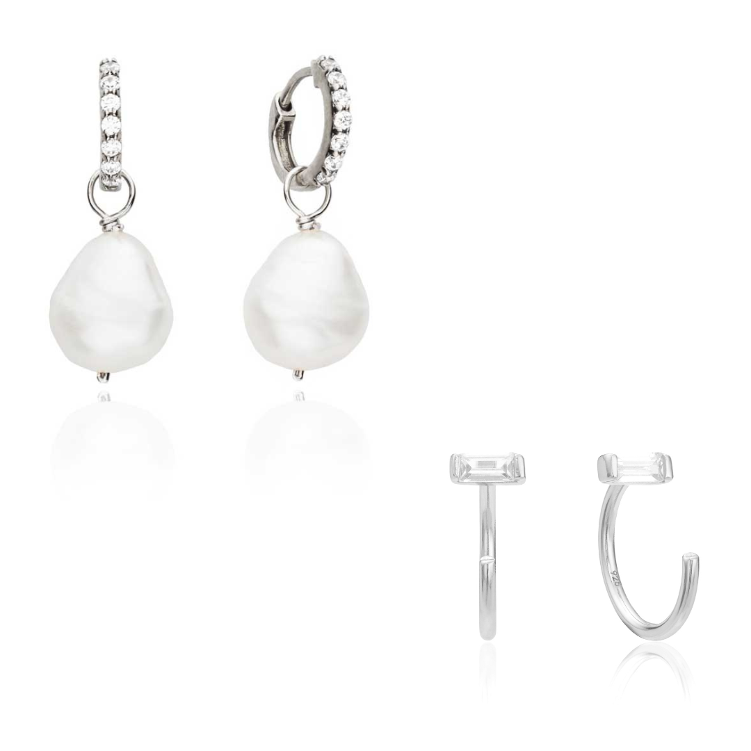 Silver Pearl Drop Huggies and Diamond Style Lobe Earrings Gift Set
