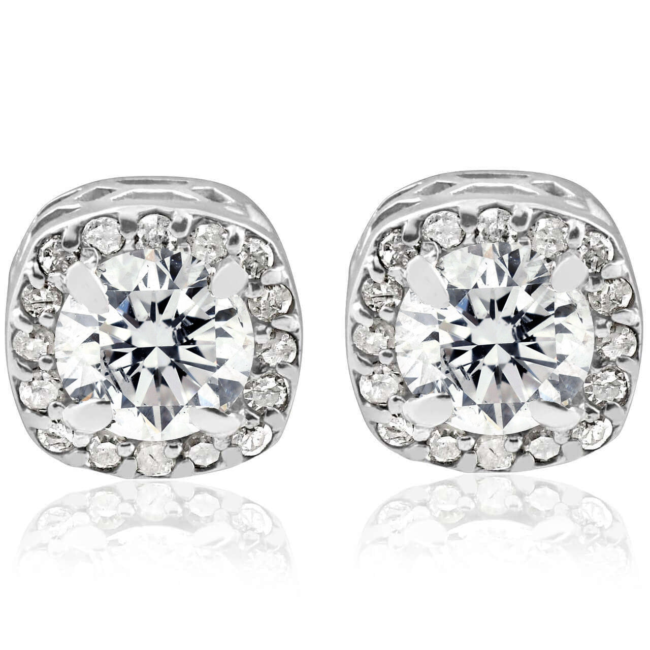3/4CT Round Diamond Cushion Halo Studs 14K White Gold