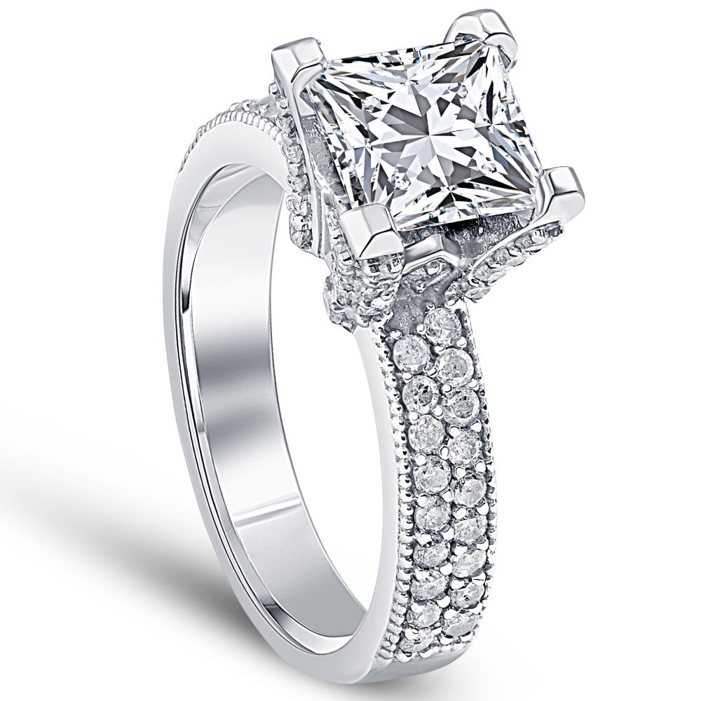 2 7/8ct Princess Cut Pave Diamond Engagement Ring 14K White Gold
