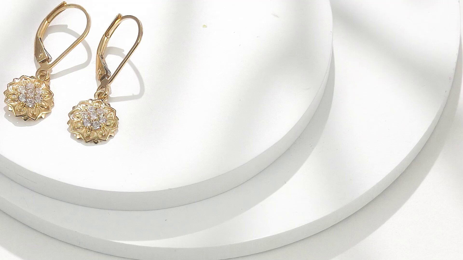 14K Gold Circular Shaped Cubic Zirconia Sunflower Lever-back Earrings
