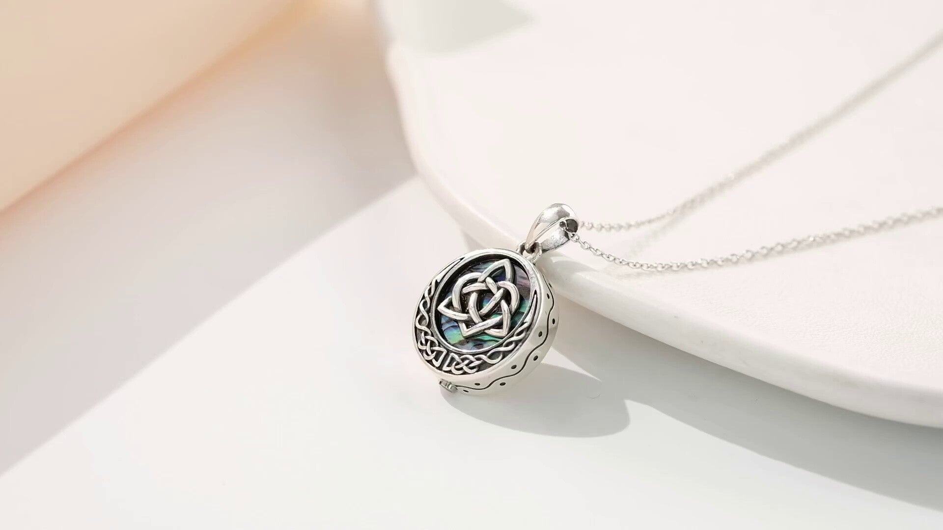Sterling Silver Circular Shaped Abalone Shellfish Celtic Knot Urn Necklace for Ashes with Engraved Word