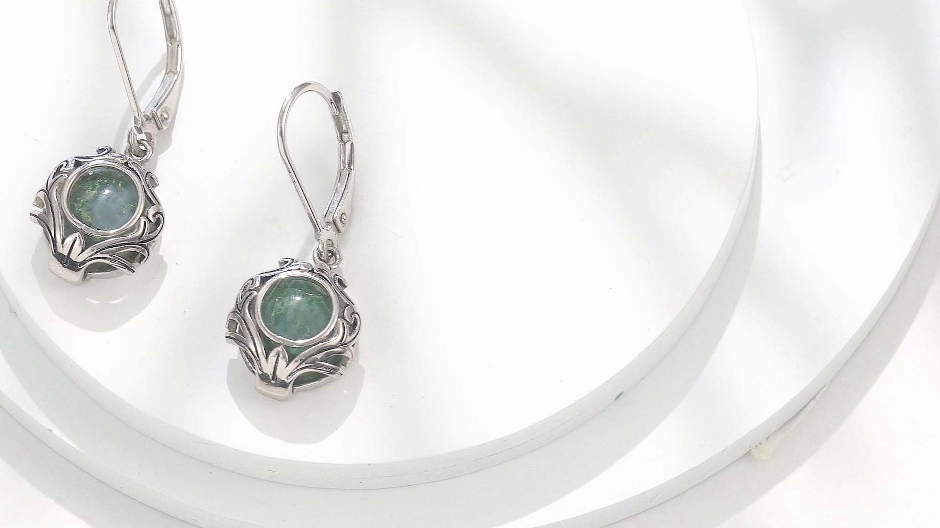 Sterling Silver Circular Shaped Moss Agate Lever-back Earrings