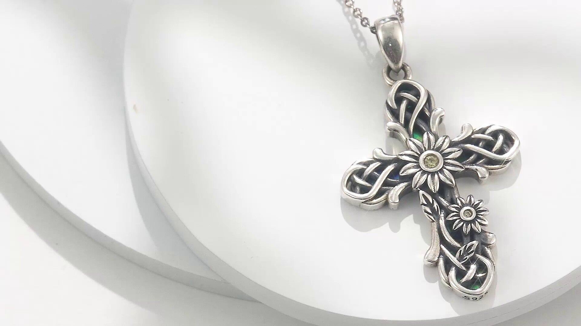 Sterling Silver Abalone Shellfish Sunflower & Cross With Celtic Knot Pendant Necklace For Women Men