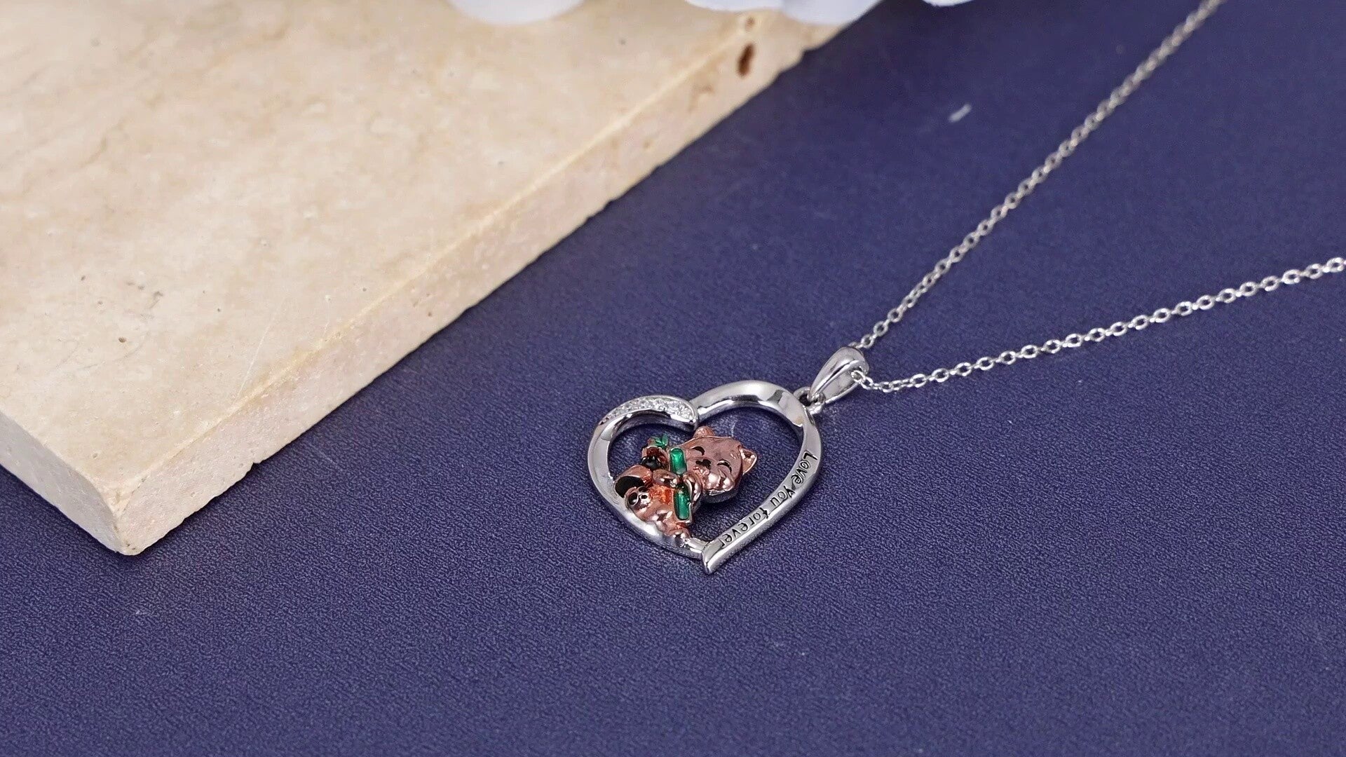 Sterling Silver Two-tone Cubic Zirconia Red Panda & Heart Pendant Necklace with Engraved Word