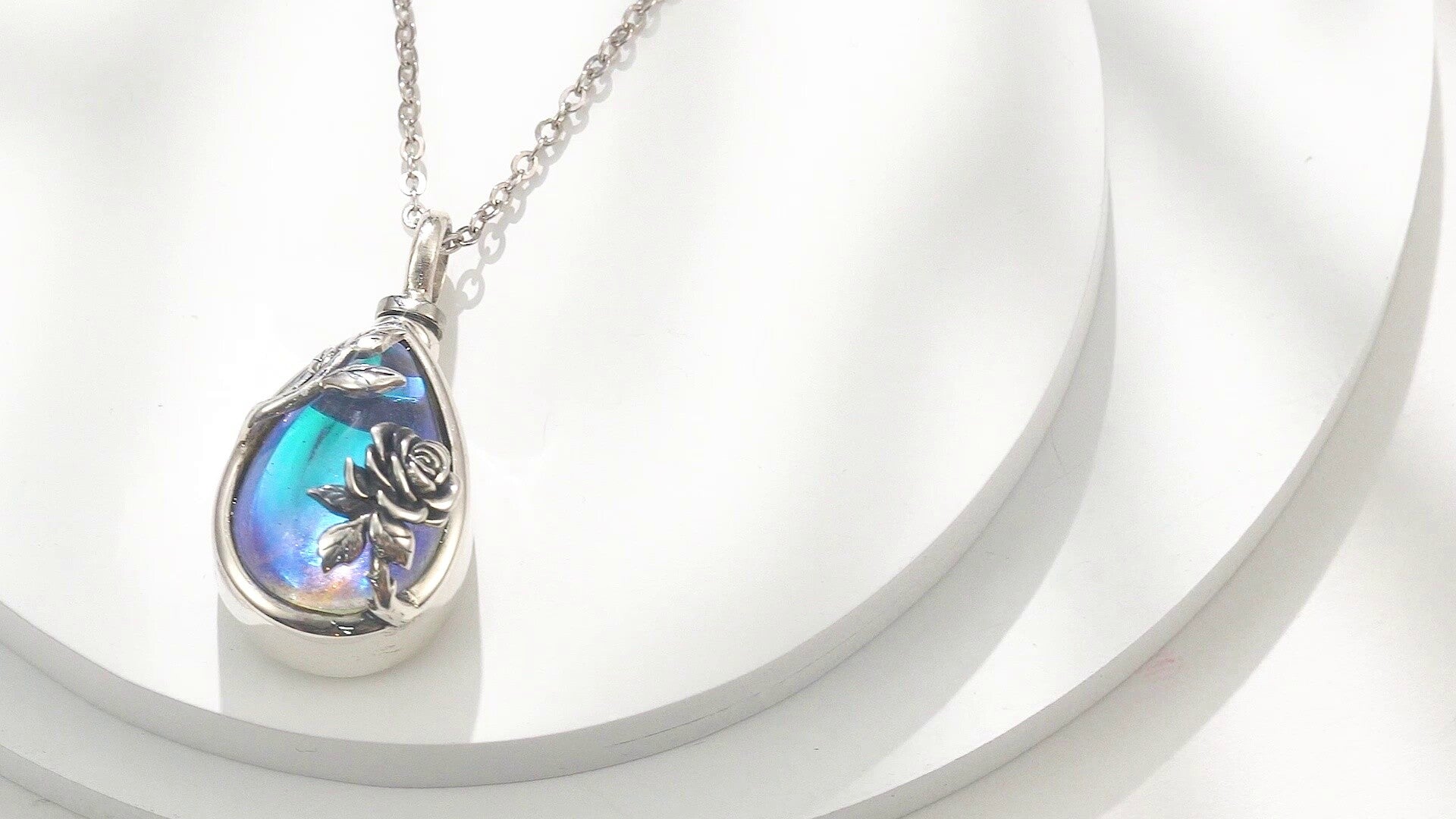 Sterling Silver Moonstone Rose & Drop Shape Urn Necklace for Ashes with Engraved Word