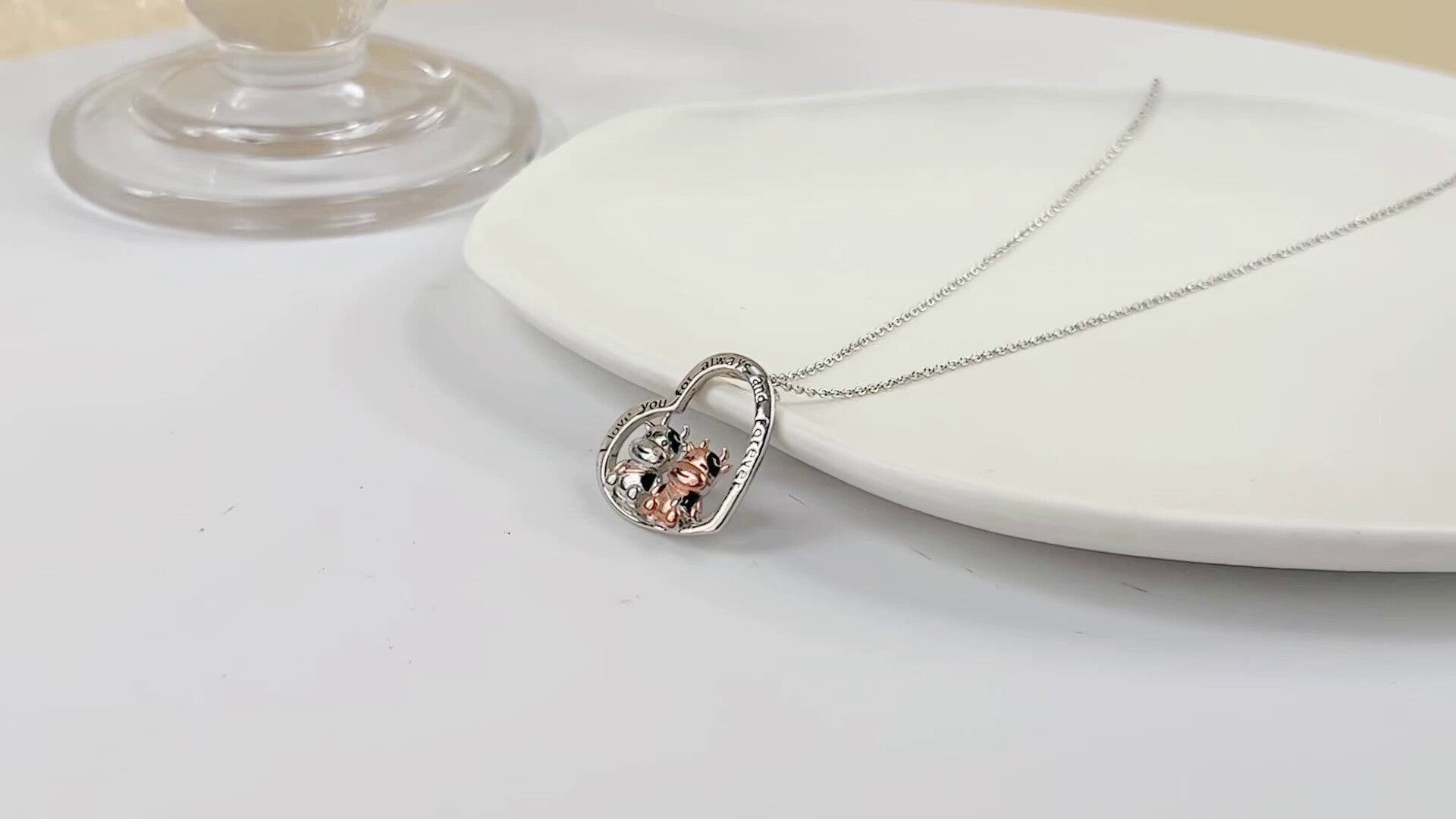 Sterling Silver Two-tone Cow & Heart Pendant Necklace with Engraved Word