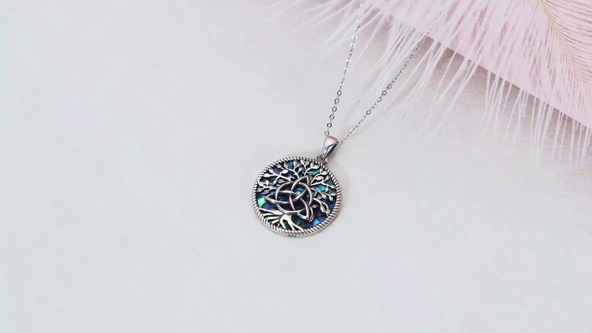 Sterling Silver Abalone Shellfish Tree Of Life & Celtic Knot Pendant Necklace