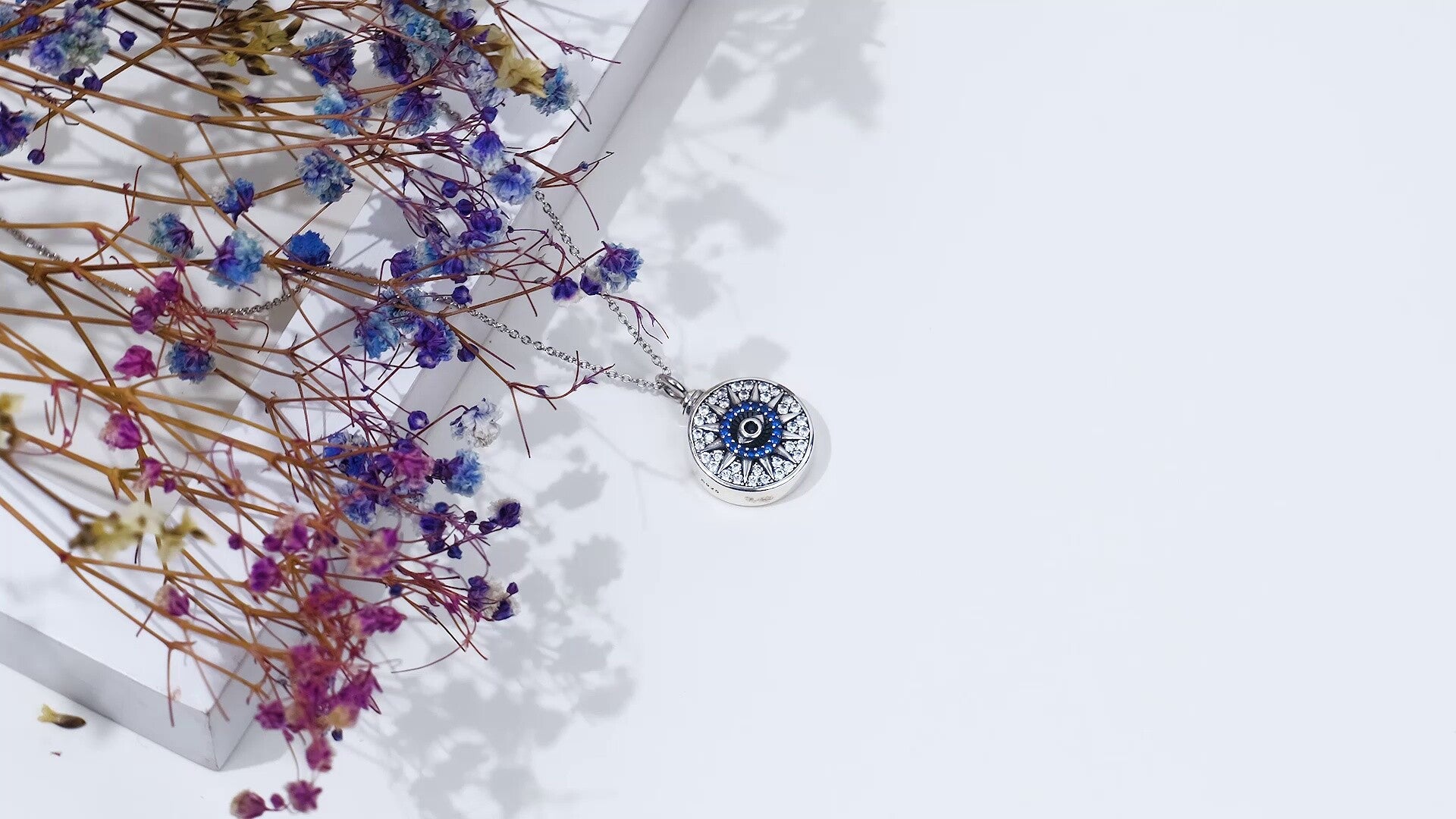 Sterling Silver Cubic Zirconia Evil Eye Urn Necklace for Ashes with Engraved Word