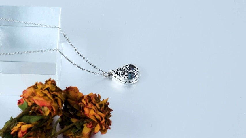 Sterling Silver Abalone Shellfish Tree Of Life & Drop Shape Urn Necklace for Ashes with Engraved Word