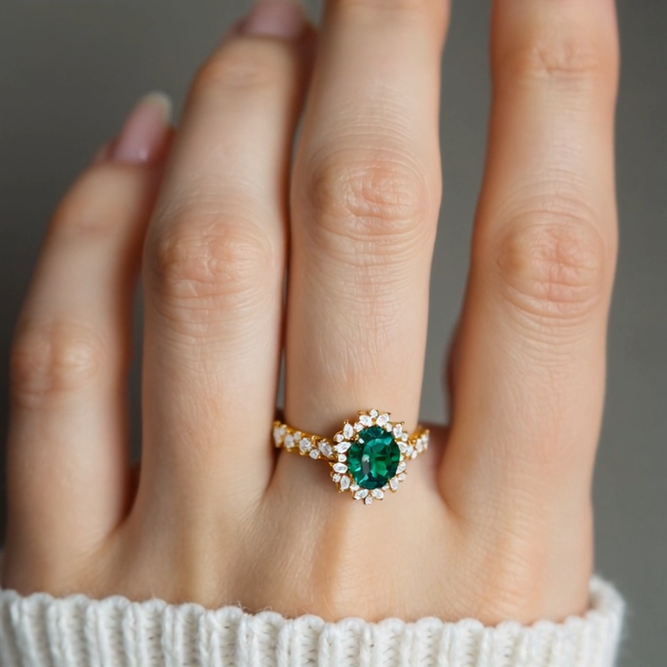 18K Gold 2 to 7 CT Oval Cut Lab Created Emerald Engagement Ring