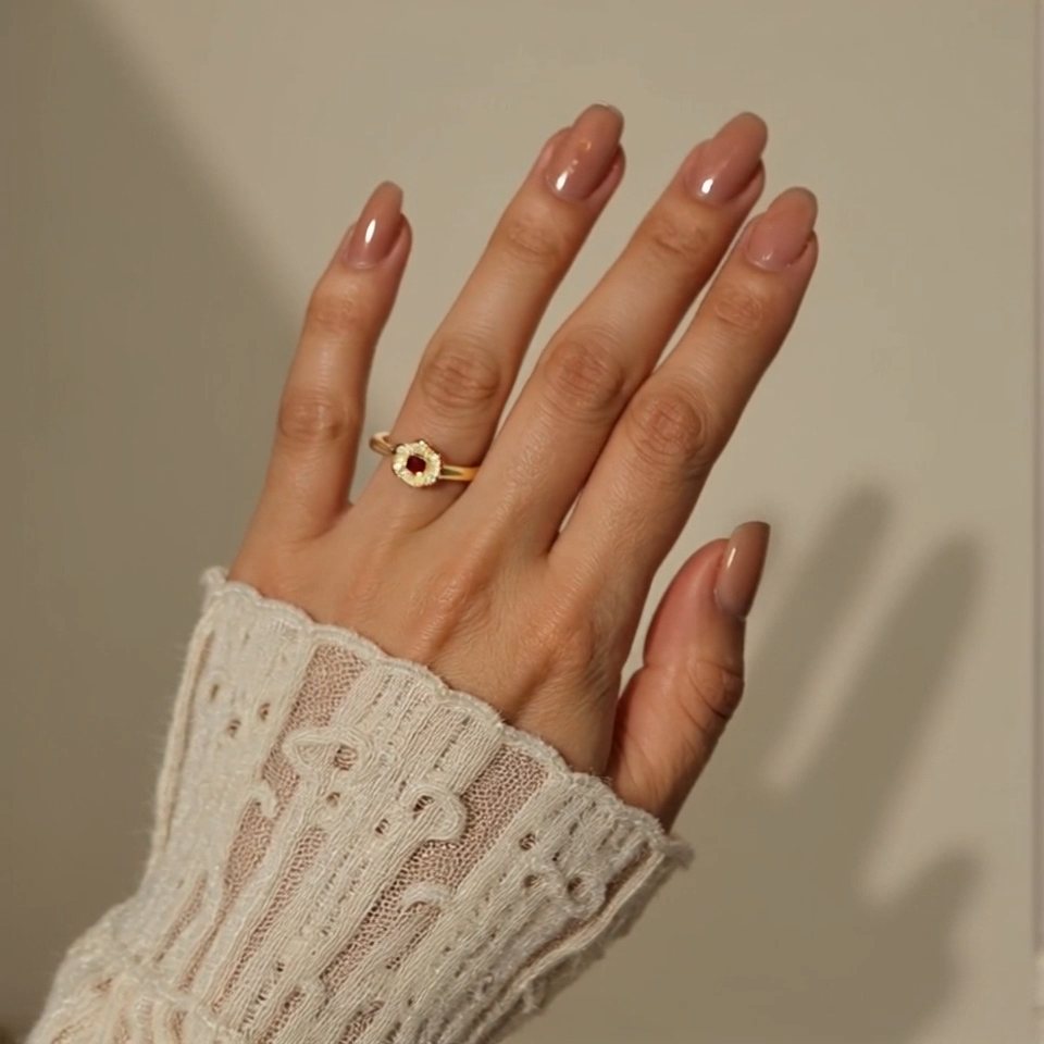 14K Gold Cushion Garnet with Round White Sapphire Flower Split Shank Couple Custom Engraving Band