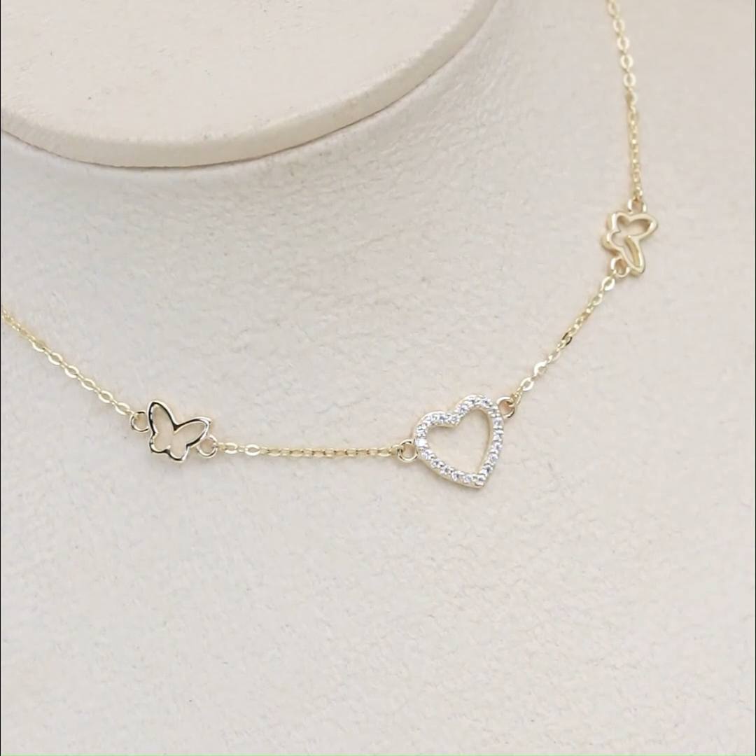 14K Gold Cubic Zirconia Butterfly & Heart Charm Bracelet