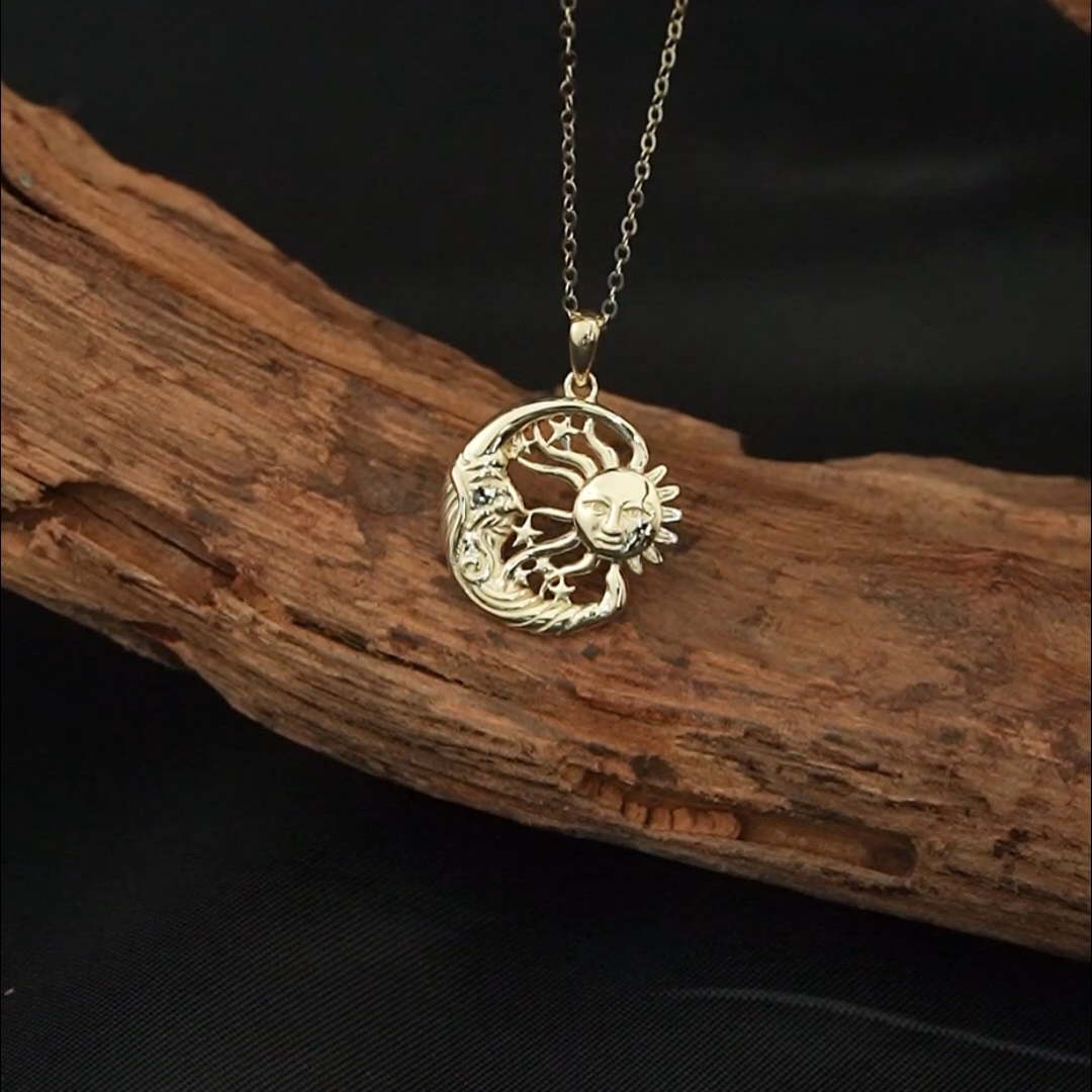 14K Gold Moon & Star & Sun Pendant Necklace