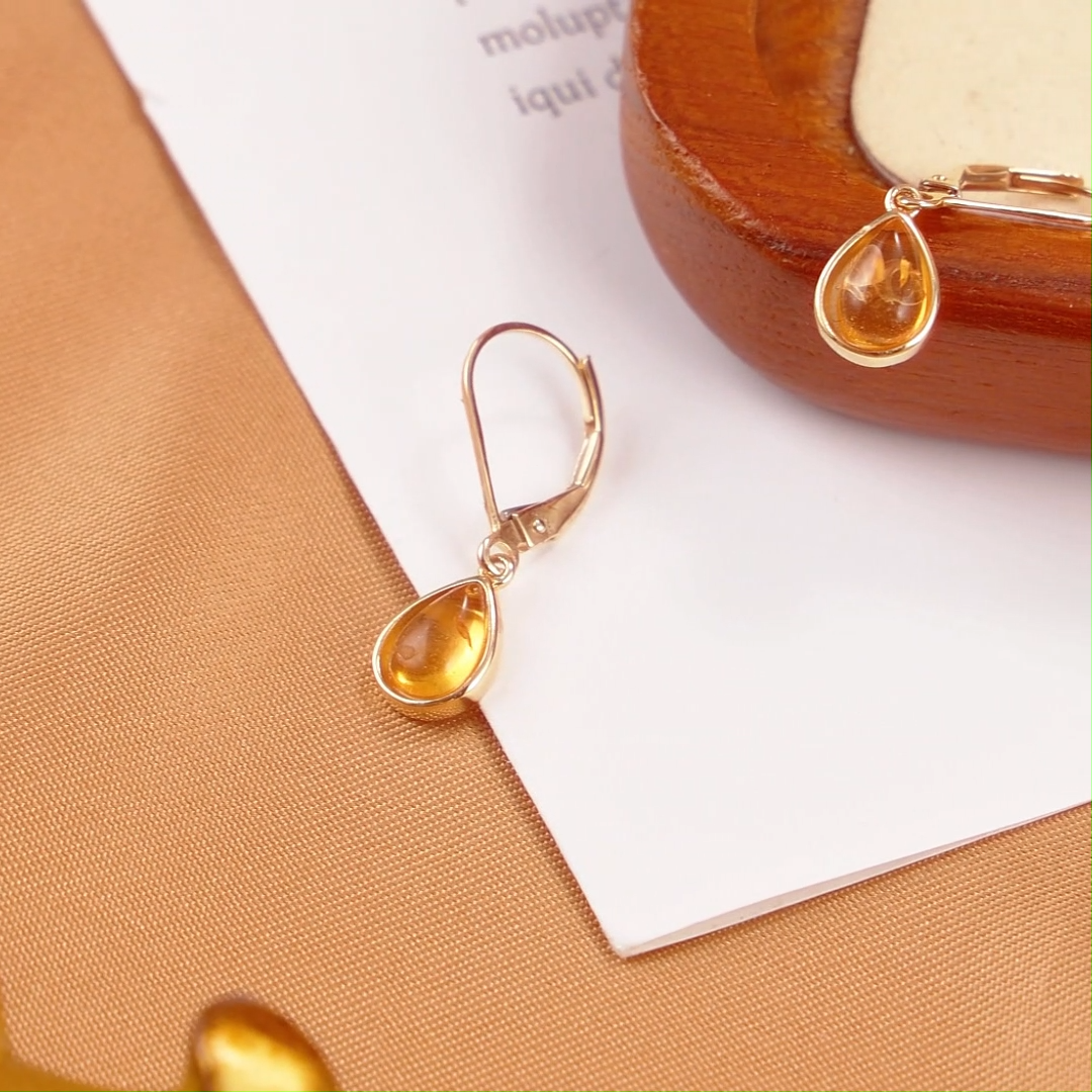 14K Gold Pear Shaped Amber Drop Shape Lever-back Earrings