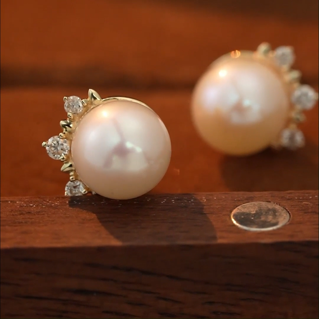 14K Gold Diamond & Pearl Crown Stud Earrings